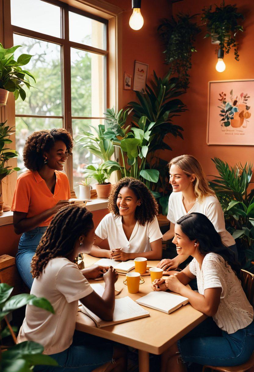 An artistic representation of diverse women sharing stories in a cozy, colorful café setting, surrounded by plants and soft lighting. Emphasize the warmth of friendship and love for their bodies through joyful expressions and open body language. Include elements like notebooks, coffee cups, and symbolic representations of femininity and self-love. Vibrant colors. 3D illustration.