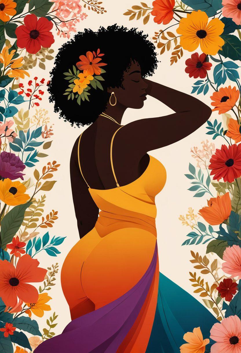 A powerful and artistic representation of the female form, showcasing silhouettes of women in diverse poses that celebrate body positivity and empowerment. Emphasize grace and strength through flowing fabrics and natural elements like flowers and vines intertwined, symbolizing intimacy and connection. The background features soft, warm colors that evoke feelings of comfort and acceptance. The setting should invoke a sense of freedom and confidence. vibrant colors. super-realistic. soft focus.